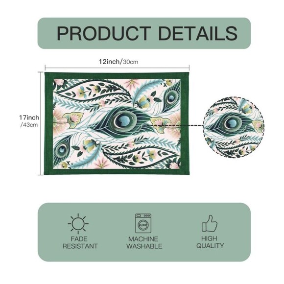 RUSPEPA Placemats Set of 4 with Peacock Feather Design, 12 x 17" Nice!! NEW!! - Picture 2 of 5